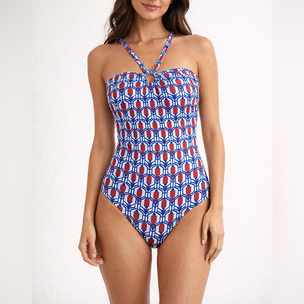 New Anthropologie Swimsuit Geometric‎ Blue Motif Tile One Piece Sz L